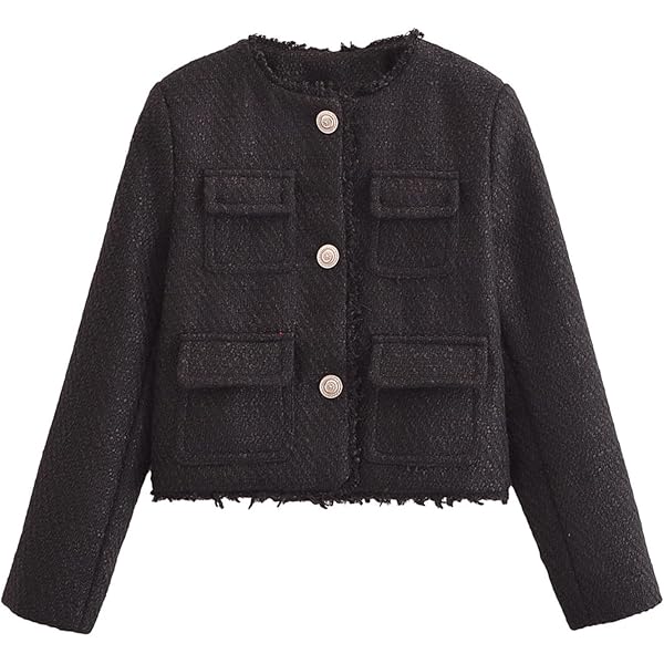 Amazon.com: Women Tweed Jacket Frayed Cropped Crew Neck